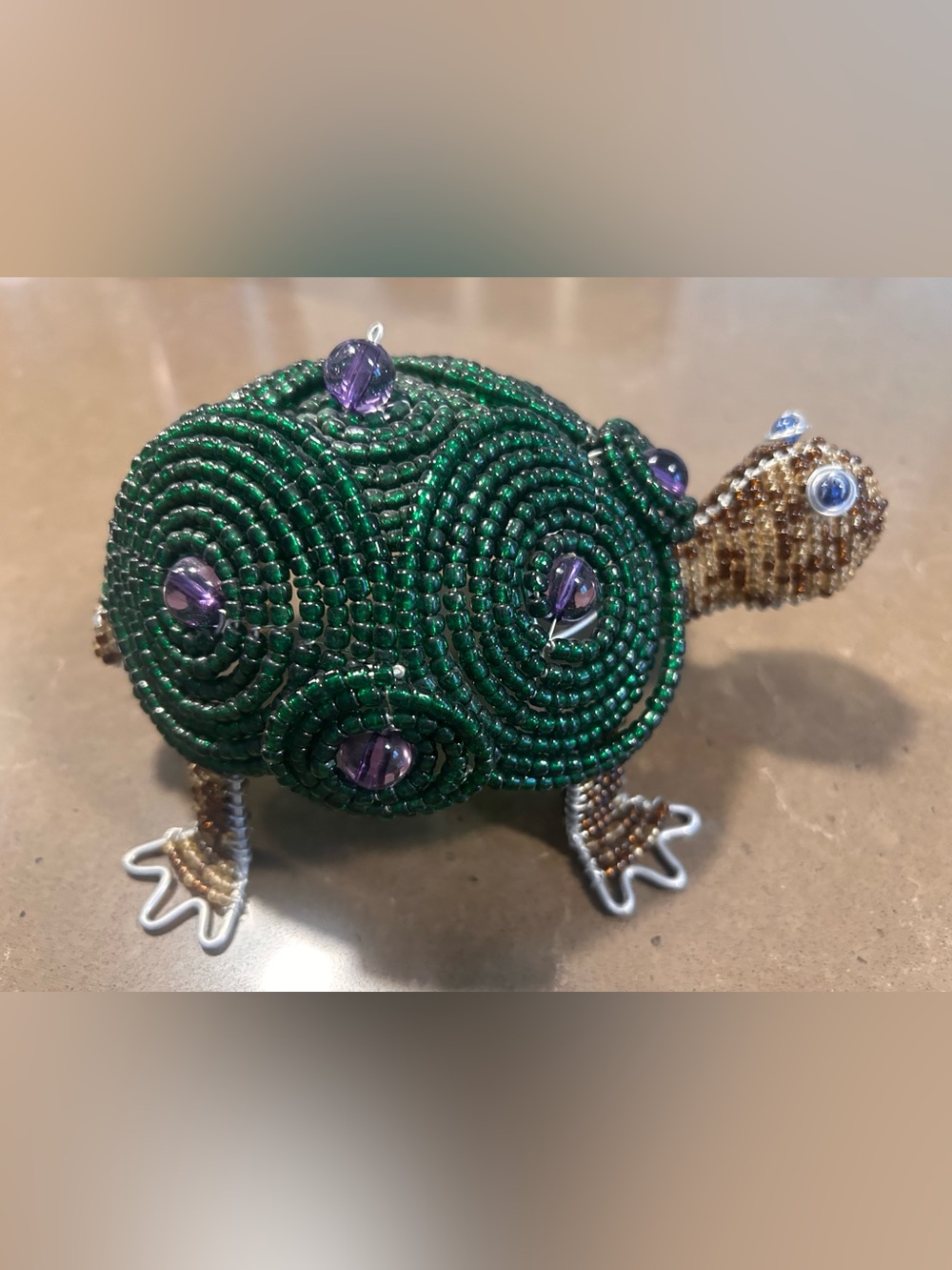 Handcrafted Beaded Reptile Figurine - Green and Purple